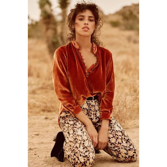 ANTHROPOLOGIE Kristianne Orange Velvet High Neck Ruffle Trim Blouse, Size XS - Picture 4 of 13